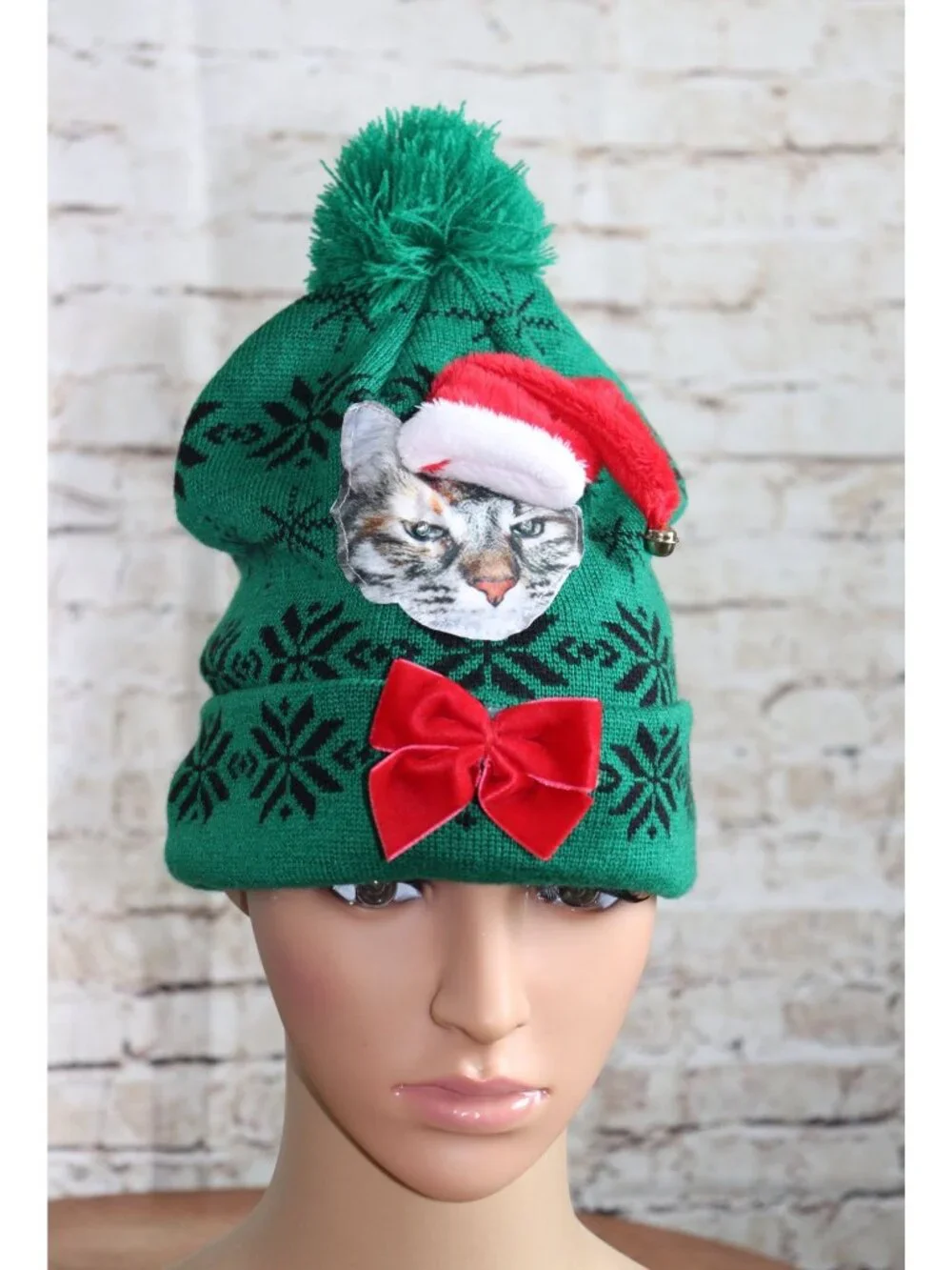 Christmas Cat Beanie With LED Lights & Bow Green Knit